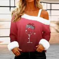 Women's Off-the-shoulder Plush Neck Printed Long-sleeved Pullover T-shirt Top XL pink