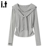 Women's Striped Tie-up Navy Collar Long Sleeve T-shirt M gray