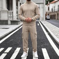 Men's Cable Knit Turtleneck 2 Piece Set, High Neck Sweater & Cargo Jogger Pants, Winter Casual Knit Outfit for Men XXXL chaki