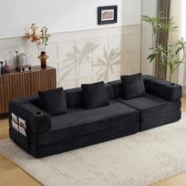 Suspaudžiamas sofa, transformuojama grindų sofa-lova - su pagalvės atlošo atrama, porankiais, puodelio laikikliu ir šonine kišenėle, veliūro audinys, svetainei, miegamajam, juoda 277.5 x 92.5 x 60 cm juoda