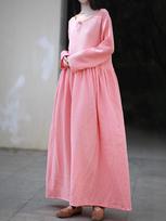 Moteriška dvisluoksnė medvilninė ir lininė retro ilga suknelė – stilinga, švelni, 4 spalvų One Size pink
