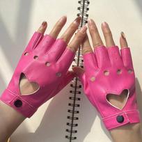 PU Rivet Chain Punk Half-Finger Gloves for Women's Pole and Street Dance Performance One Size pink