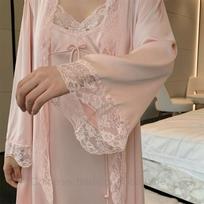 Seksualus naktinis su petnešėlėmis 2 vnt. Intymūs apatiniai Nuotakos vestuvinis chalatas Baltas ilgas chalato komplektas Elegantiškas namų suknelės moteriškas nėriniuotas kimono chalatas L gray
