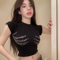 Spicy Girl Rhinestone Short Sleeve Crop Top - Women's Summer Sexy Petite Casual Slim Fit T-Shirt Small juoda