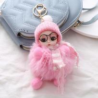 Eye Glass Doll Pompom Keychain Hanging Pendant Baby Doll Fur Ball Keyring Keyholder Rabbit Fur Fluffy Doll Keychain Women Girl A2761 gray