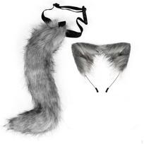 Dirbtinio plauko uodega su reguliuojamu dirželiu, pūkuotas kailinis aksesuaras cosplayeriams, Grey 2-pc SET gray