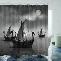 Norse Vikings Ship Shower Curtain Fantasy Boat Art Black and White Color Sailing Dragon Ship Curtain for Bathroom with Hooks W90xH180cm gray