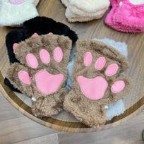 Fingerless Plush Bear Paw Gloves: Warm Velvet Cat Paw Design for Students chaki