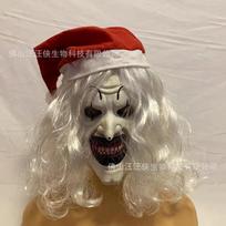 Su gobtuvu Terrifier klouno kaukė, besišypsantis demonas siaubo latekso galvos apdangalas Helovino vakarėliui christmas hat black and white clown gray