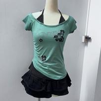 KOSY American Vintage Fake Two Piece Halter Lace Up T-shirts Y2k Slim Fit Print Tops Women Off Shoulder Short Sleeve Tee Shirt S gray