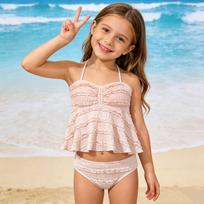 Mergaitei dviejų dalių maudymosi kostiumas Aukšto tamprumo briaunotas audinys Tankini viršus ir bikini kelnaitės rinkinys Minkštas, patogus prigludimas 10 brown