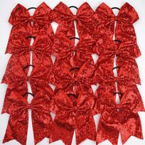 12Pcs 7.5' Bling Sparkly Glitter Sequins Pigtail Bows for Kid Girls Large Cheerleading Bows Ponytail Holder Elastic Hair Ties 12 Pcs raudona