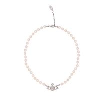 Vivienne Westwood Mini Bas Relief Choker Saturn Žalvario Perlo Vėrinys Moteriškas vėrinys 63030006-W127 Box,Extender Chain Style white