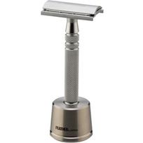 Feather Safety Razor Feather Tokusen Double-Edge All-Stainless Steel Razor N (Made in Japan) with Stand & 2 Blades, Silver gray