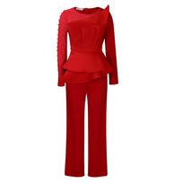 New long-sleeved temperament mesh stitching beaded thin banquet large-size jumpsuit 3XL red