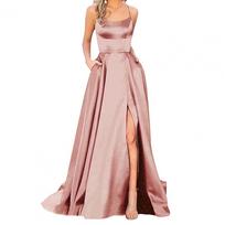 Prom suknelė Maxi Elegantiška satininė vakarinė suknelė su plonais petnešėlėmis Aukštas šoninis skeltukas Šoninės kišenės Prom, banketui ar vakarėliui Nuo pečių XXL rožinio aukso spalvos