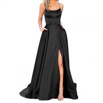 Prom suknelė Maxi Elegantiška satininė vakarinė suknelė su plonais petnešėlėmis Aukštas šoninis skeltukas Šoninės kišenės Prom, banketui ar vakarėliui Nuo pečių XXXL