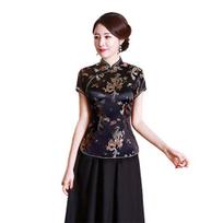 Moterims Cheongsam marškiniai su drakono ir fenikso raštu, kinų stiliaus, rudeniui, su šonine skeltuka, su stovinčia apykakle, Cheongsam viršus banketui L juoda
