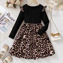 Girls casual leopard print long-sleeved round neck dress comfortable and skin-friendly polyester blend girls A-line skirt autumn and winter series 8Y gray