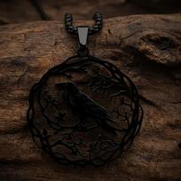 Stainless Steel Hip Hop Gothic Black Crow Tree Pendant Necklace 1PC juoda