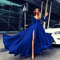 Women Deep V Neck Long Sleeve Slit Prom Gown Dress Elegant Bridesmaid Evening Maxi Dress Blue Slit Plunge Wedding Dress,XL blue