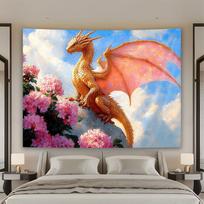 Majestic Fantasy Dragon Tapestry Wall Hanging Pink Floral Art Mythical Creature Giant Room Decoration 150x300cm Luxury Home Deco 100X150CM