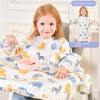 Clean Feeding Bib for Baby Boys Girl 8M-5Y Waterproof Bib Apron Smock with Table Cover Infant Mess-Free Kids Full Coverage Bib suit for 8M-5Years beige