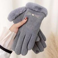 Winter Rabbit Fur Mouth Full Finger Touch Screen Plus Velvet Warm Gloves For Women A8 gray