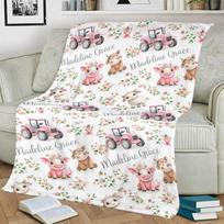 Name Blanket, Pink Tractor and Farm Animal Pattern Blanket, Cute Pig, Cow, and Sheep Pattern Blanket, Soft and Comfortable Blanket, Unique Birthday Gi 75X95CM white