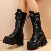 Fashion Chunky High Heel Mid Calf Boots Women Thick Bottom Patent Leather Punk Boots Woman Gothic Black Platform Combat Booties 43 brown