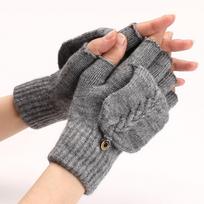 Soft Mittens Half Finger Gloves Thick Keep Warm Knitted Flip Gloves Genuine Leather Cycling Gloves Winter šviesiai pilka spalva