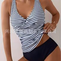 Moterų dryžuotas halterinis tankini komplektas su susuktu priekiu, aukštu liemeniu, dviejų dalių maudymosi kostiumas, kuklus paplūdimio maudymosi kostiumas S tamsiai mėlyna spalva