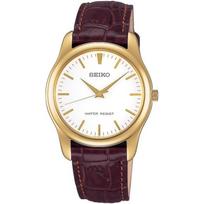 Seiko Selection SCXP032 Men's/Unisex Quartz Watch, 35mm, White Dial, Yellow Gold/White Case, Brown Leather Band beige