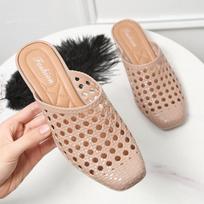 Solid Color Hollow Out Low Heel Slides Slippers Summer Women's Casual Breathable Fashion Outdoor Beach Open Toe Sandals 39 beige