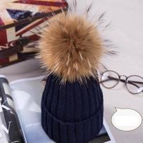 Prabangus žiemos tikro meškėno kailio pompono kepurė moterims Navy brown