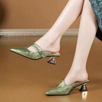 FHC 2024 New Microfiber Leather Mid Heels Slides,Women Slippers,Summer Shoes,Close Pointed Toe,Slip On,Green,Silver,Dropship 35