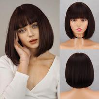 LISI HAIR Sintetinis trumpas tiesus Bob perukas priauginimas su kirpčiukais natūraliai atrodantis karščiui atsparus pluoštas elegantiškoms moterims kasdieniam dėvėjimui 25cm brown