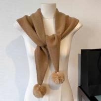 Women S Warm Knit Triangle Scarf With Pom Pom Korean Style Versatile Fashion Scarf 1PC chaki