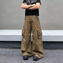American heavy pleated multi-pocket tooling casual pants men's autumn i loose washed cotton wide-leg scimitar pants long pants S brown