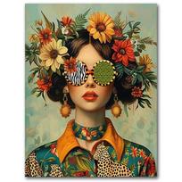 Madingi akiniai moteriai su gėlėmis drobės tapyba Gėlės su merginos portretu Plakatai ir spaudiniai Nordic Boho Sieninė tapyba Menas 40cm×50cm NoFrame