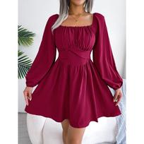Casual Solid Color Fungus Square Neckline Waist and Wide Swing Dress XL