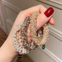 Women Crystal Beads Brimmed Rope Elegant Ponytail Holder Rubber Band Elastic Tie Hairband Hair Accessories Scrunchies beige