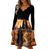 Women's Casual Vintage V-Neck Long Sleeve Dress with Blood Drop Print for Halloween XL geltona