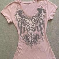 KOSY American Vintage Simple V-Neck Pink Print Graphic Tee Short Sleeve Slim Fit Skinny Grunge Crop Top 2000S Y2K T-Shirt S rožinė