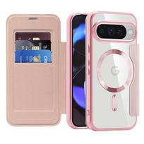 Magnetinis atverčiamas odinis dėklas su kortelių laikikliais Google Pixel 10 Pro 10a 9 9a 8a 7a TPU dengta apdaila Pixel 9 rausva