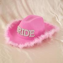 Popular Female Pink Feather Bridal Cowboy Hat BRIDE Pearl Rhinestone Party Music Festival Versatile Personality M（56-58cm） rožinė