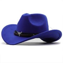 Metal bull head label Western cowboy top hat hot-selling autumn and winter woolen jazz hat felt hat men's and women's top hat 60CM blue