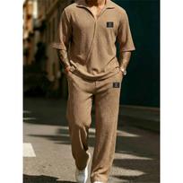 Mens Light Blue Terry Cloth Cuban Collar Shirt and Pants 2-Piece Set L chaki