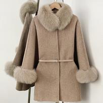 High-End Double-Sided Wool Coat with Real Fox Fur Collar - Women's Korean Style Cape Shawl One Size beige