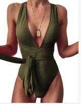 Europietiško ir amerikietiško stiliaus moteriškas vientisas maudymosi kostiumėlis Deep V Monokini Bandage maudymosi kostiumėlis be nugaros, seksualus maudymosi kostiumėlis XXL armijos žalia spalva